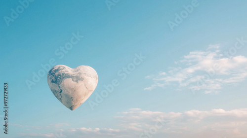 A heart-shaped planet Earth floating outdoors under a vast blue sky, symbolizing love and care for the planet, with an astronomical vibe. photo