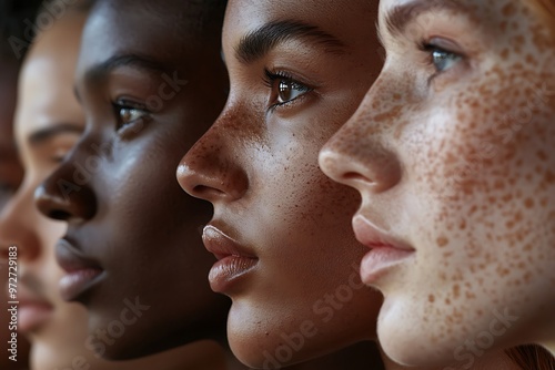 Diverse group of women showcasing individuality and beauty in a close-up profile shot emphasizing different skin tones and features