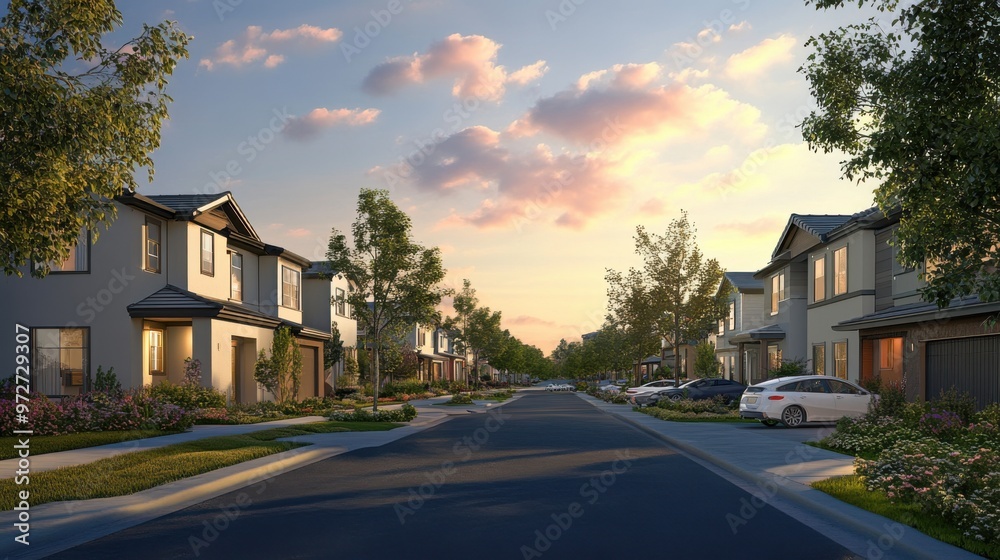 A newly constructed housing community, featuring sleek modern homes and well-kept A newly constructed housing community, featuring sleek modern homes and well-kept