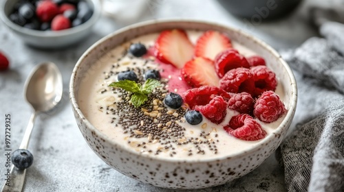 A vegan smoothie bowl topped with fruit, seeds, and a drizzle of soy milk, beautifully arranged for a healthy breakfast.