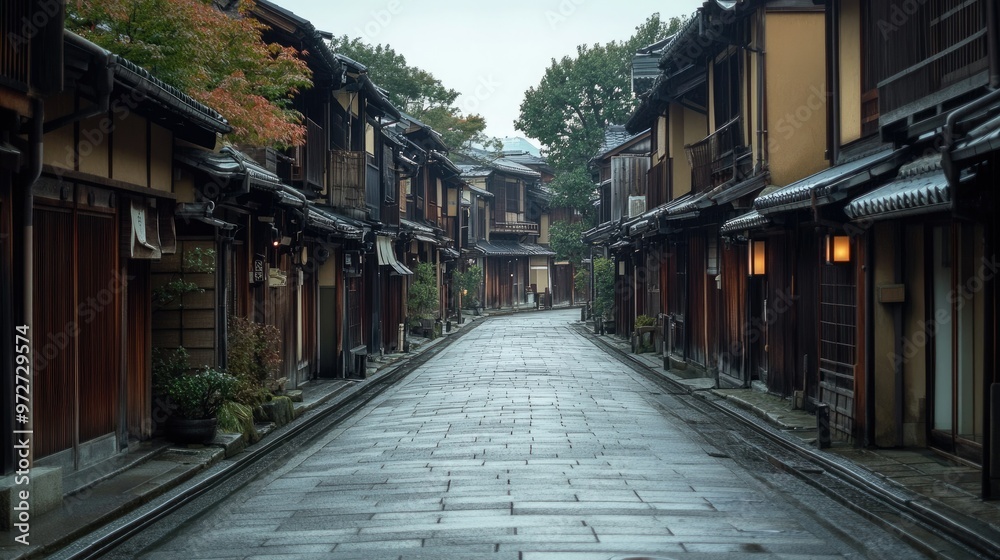 A view of Kyotohistoric district with traditional wooden houses and empty streets, offering a glimpse into Japan past in isolation. A view of Kyotohistoric district with traditional wooden houses and empty streets, offering a glimpse into Japan past in isolation.