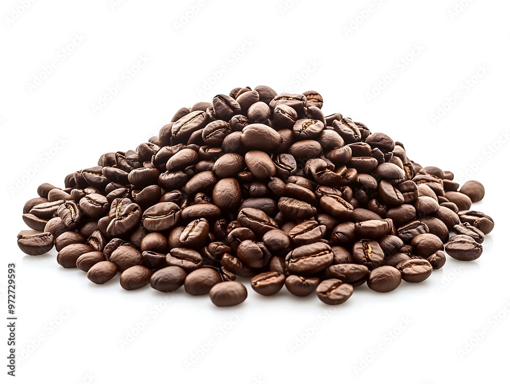 Obraz premium Freshly roasted coffee beans stacked in a mound on a white background, highlighting their rich color and texture