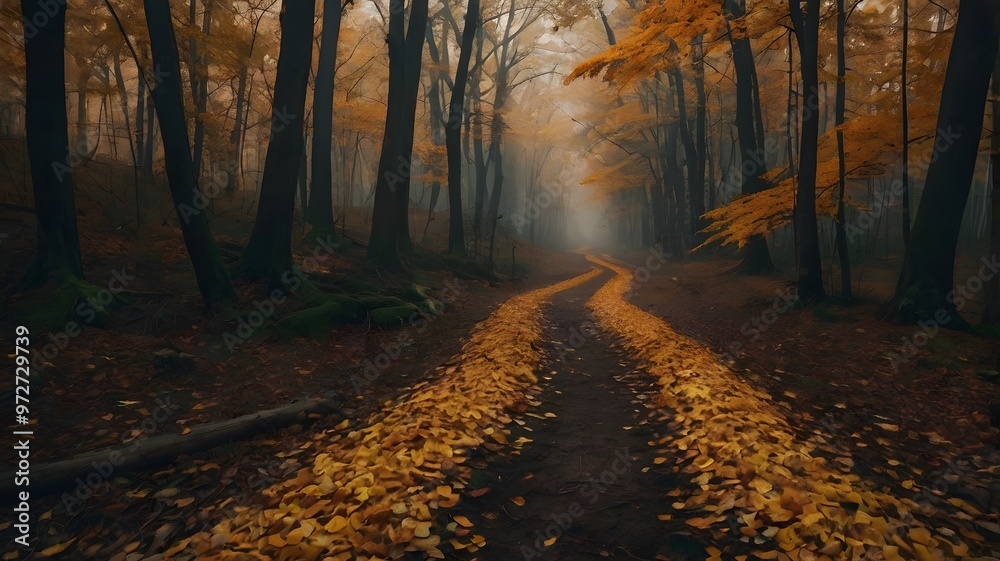 Obraz premium Scenic autumn road through a misty forest with colorful leaves and sunlit trees?