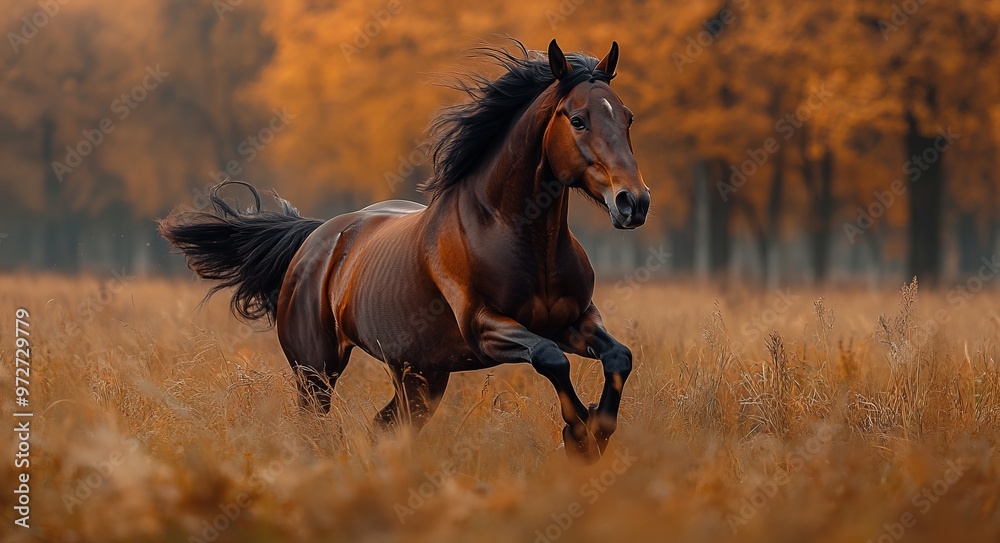 Brown Horse Galloping in Autumn Grassland, Cinematic Nature Scene. AI generated illustration Brown Horse Galloping in Autumn Grassland, Cinematic Nature Scene. AI generated illustration