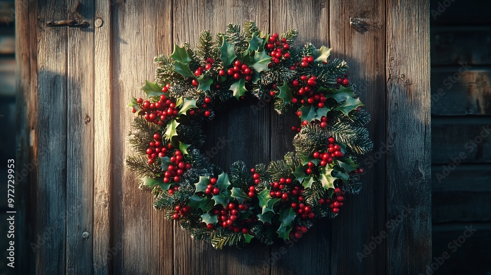 Christmas wreath made of fresh pine, holly, and berries, hanging on a rustic wooden door, welcoming guests with holiday cheer. 4K hyperrealistic photo. Christmas wreath made of fresh pine, holly, and berries, hanging on a rustic wooden door, welcoming guests with holiday cheer. 4K hyperrealistic photo.