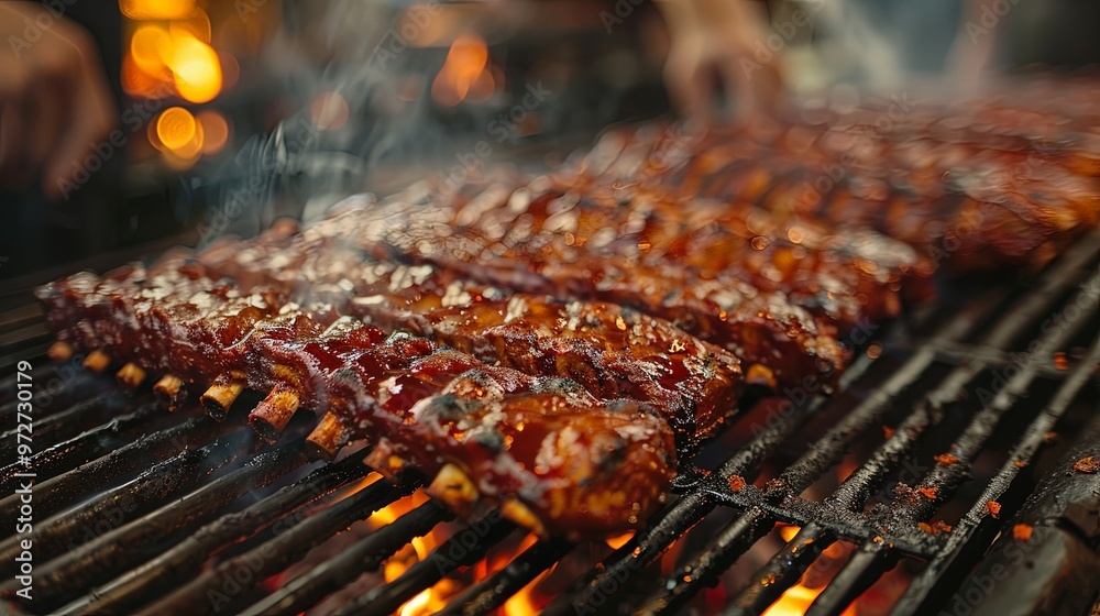 Barbecued ribs with a luscious glaze of sauce grill to perfection over hot flames, creating a mouth-watering and visually appealing scene of summer outdoor cooking. Barbecued ribs with a luscious glaze of sauce grill to perfection over hot flames, creating a mouth-watering and visually appealing scene of summer outdoor cooking.