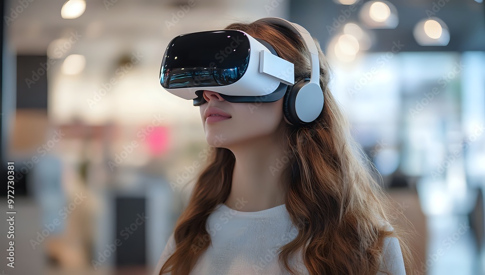 Woman wearing VR headset with headphones, experiencing virtual reality. Woman wearing VR headset with headphones, experiencing virtual reality.