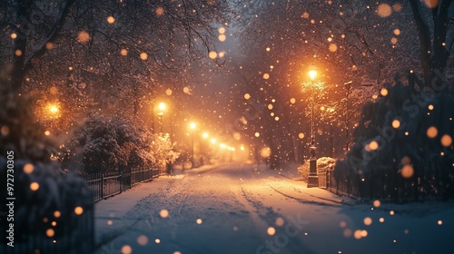 Evening walk along a snowy street, with glowing streetlights and softly falling snow creating a serene winter scene. 4K hyperrealistic photo.