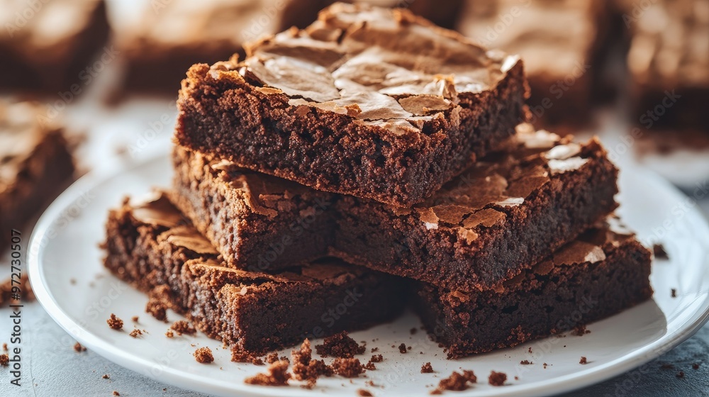 Close-up of homemade brownies stacked neatly on a white plate, with crumbs scattered around, creating a warm, inviting dessert scene.