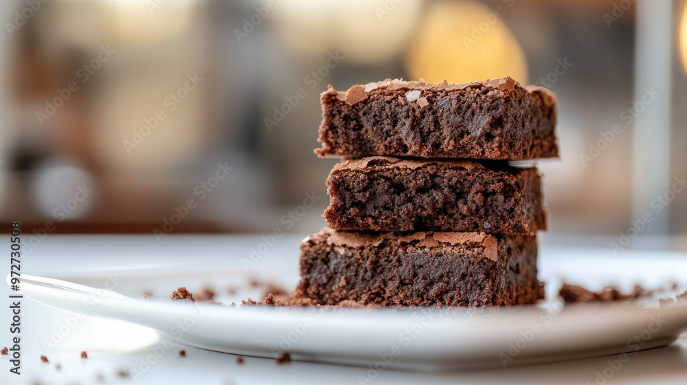 Close-up of homemade brownies stacked neatly on a white plate, with crumbs scattered around, creating a warm, inviting dessert scene. Close-up of homemade brownies stacked neatly on a white plate, with crumbs scattered around, creating a warm, inviting dessert scene.