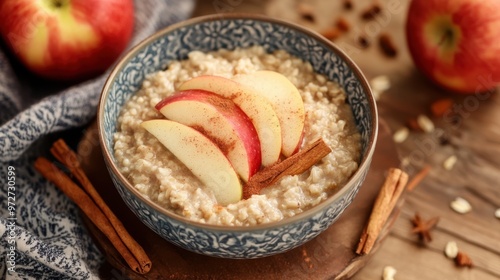 A nutritious bowl of brown rice porridge with a touch of cinnamon and topped with apple