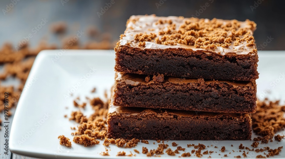 Close-up of homemade brownies stacked neatly on a white plate, with crumbs scattered around, creating a warm, inviting dessert scene. Close-up of homemade brownies stacked neatly on a white plate, with crumbs scattered around, creating a warm, inviting dessert scene.