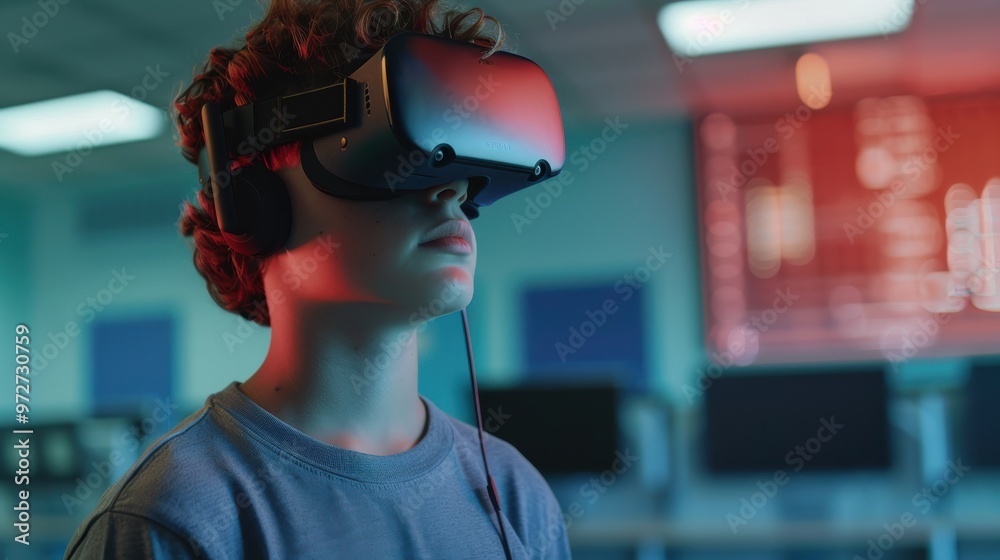 A young man wearing a virtual reality headset is looking at a computer monitor A young man wearing a virtual reality headset is looking at a computer monitor