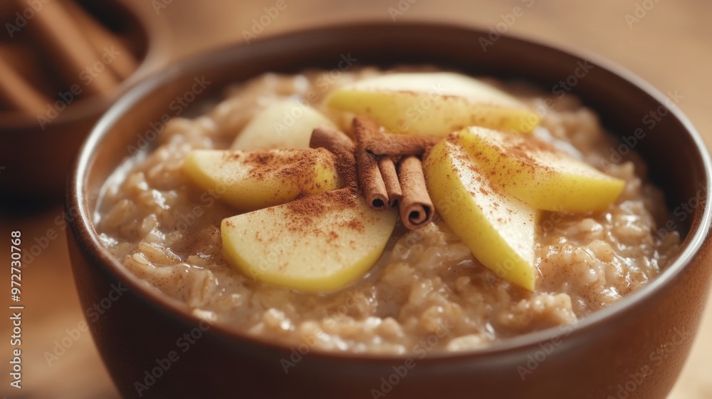 A nutritious bowl of brown rice porridge with a touch of cinnamon and topped with apple A nutritious bowl of brown rice porridge with a touch of cinnamon and topped with apple