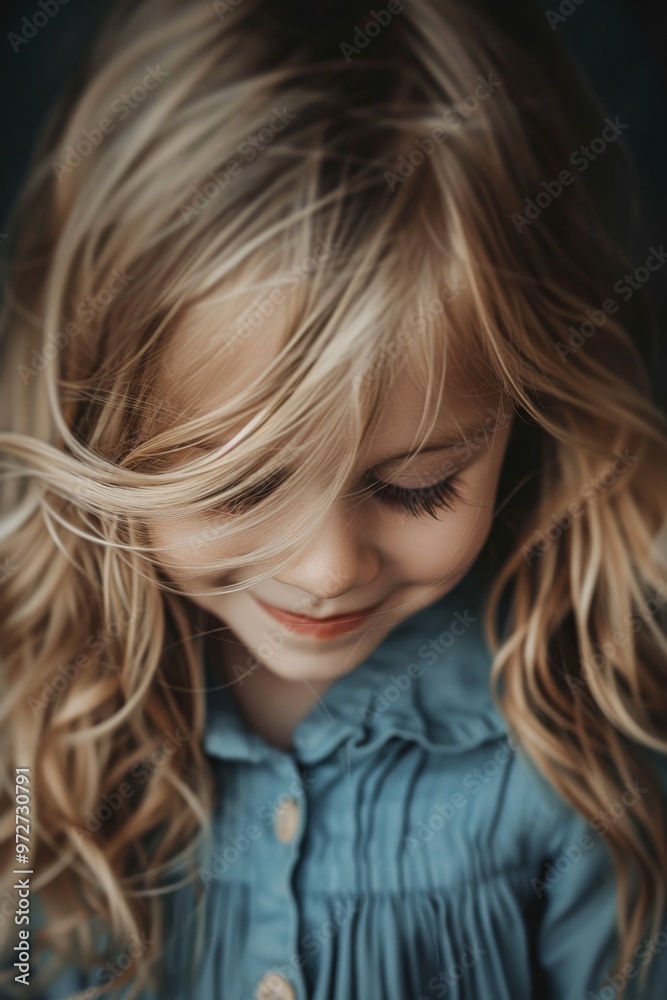 blonde haired blue girl child looking down, smiling blonde haired blue girl child looking down, smiling