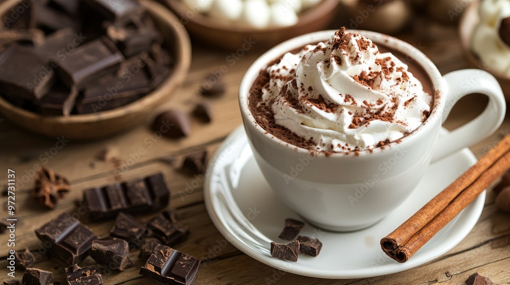 Hot chocolate with whipped cream in a cozy caf setting, with a cinnamon stick and chocolate chunks on the saucer beside it. Hot chocolate with whipped cream in a cozy caf setting, with a cinnamon stick and chocolate chunks on the saucer beside it.