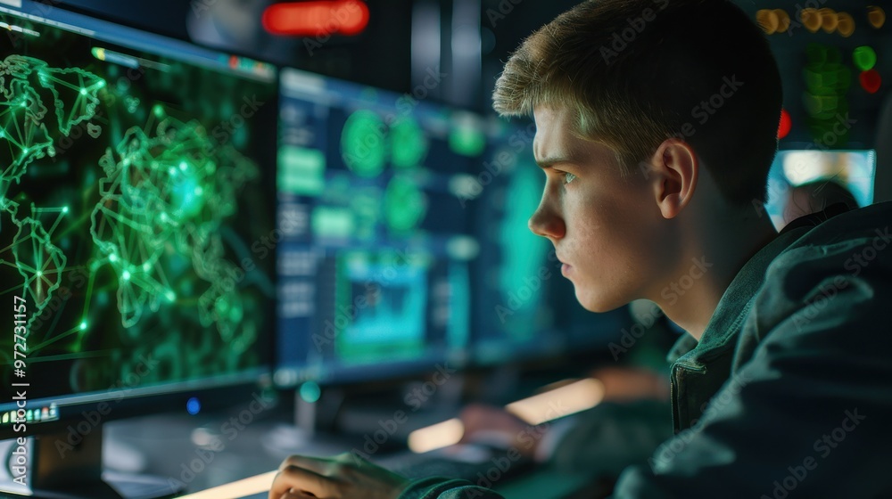 A man is looking at a computer monitor with a green screen A man is looking at a computer monitor with a green screen