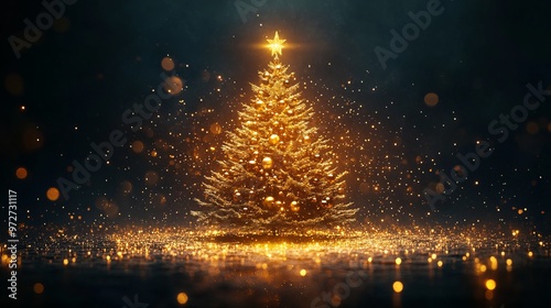 Luxurious golden Christmas tree adorned with sparkling gold ornaments, shimmering tinsel, and golden lights, set against a rich, dark background. 4K hyperrealistic photo.