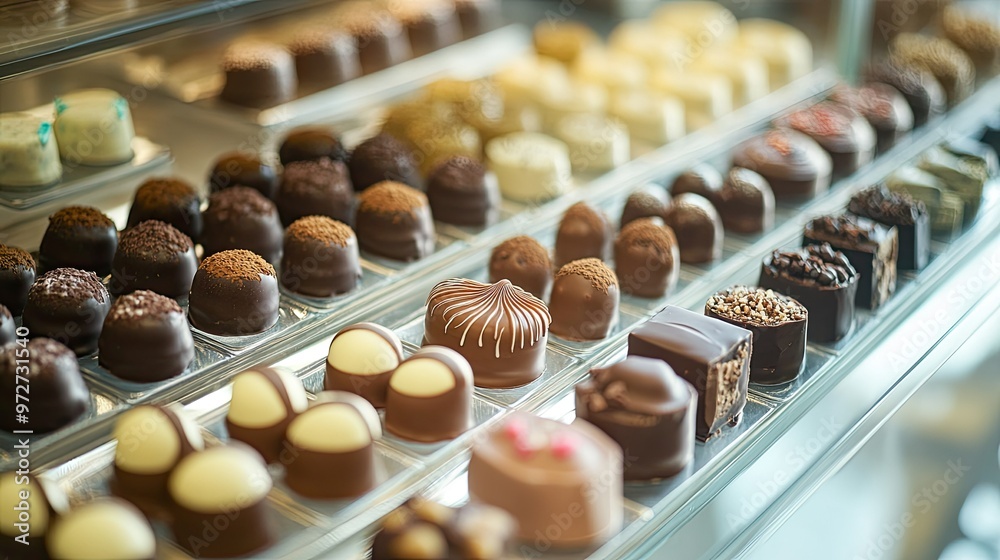 Rows of handmade artisan chocolates displayed in a glass case, highlighting unique designs, flavors, and textures. Rows of handmade artisan chocolates displayed in a glass case, highlighting unique designs, flavors, and textures.