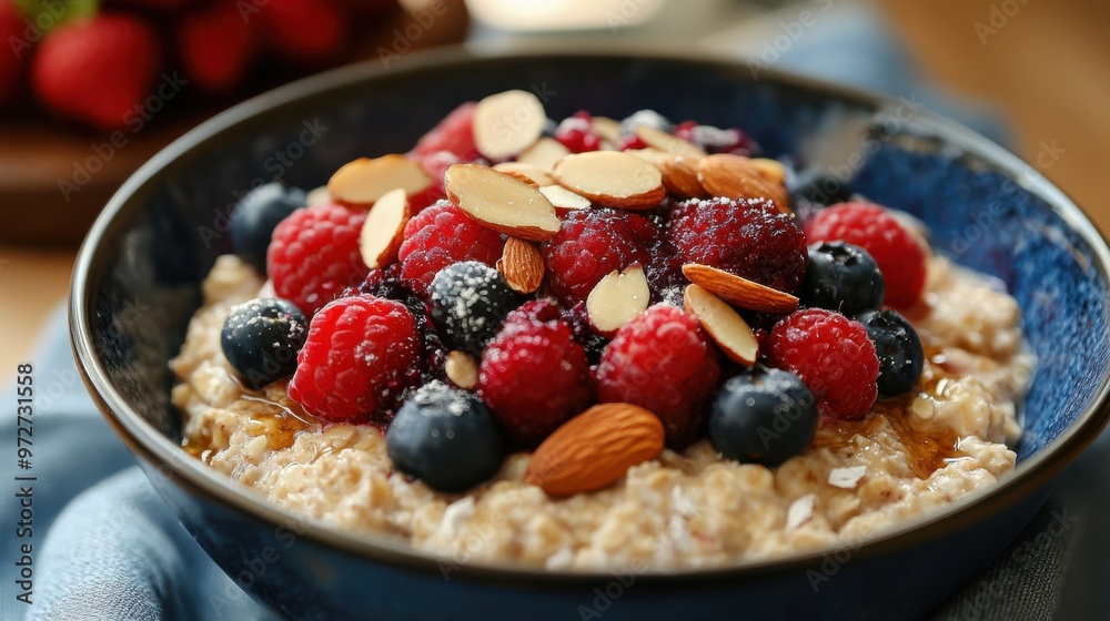 A nutritious breakfast bowl featuring oatmeal topped with sliced almonds, fresh berries, A nutritious breakfast bowl featuring oatmeal topped with sliced almonds, fresh berries,