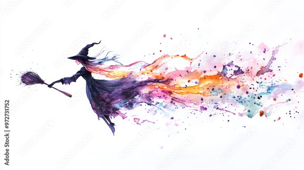 A mystical witch flying on a broomstick above vibrant splashes of color against a white background during a magical night A mystical witch flying on a broomstick above vibrant splashes of color against a white background during a magical night