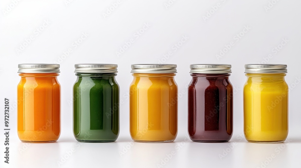 row of neatly organized baby food jars, featuring different stages of purees, from smooth to chunky