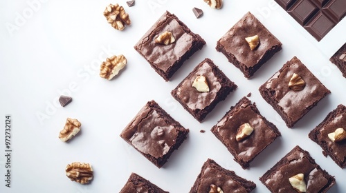 Vegan brownies made with dark chocolate and walnuts, cut into perfect squares on a minimalist white background for a clean presentation.