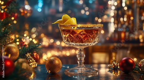 New Yearâ€™s Eve cocktail in a crystal glass, garnished with a twist of lemon and a glittering rim, set on a festive bar. 4K hyperrealistic photo. photo