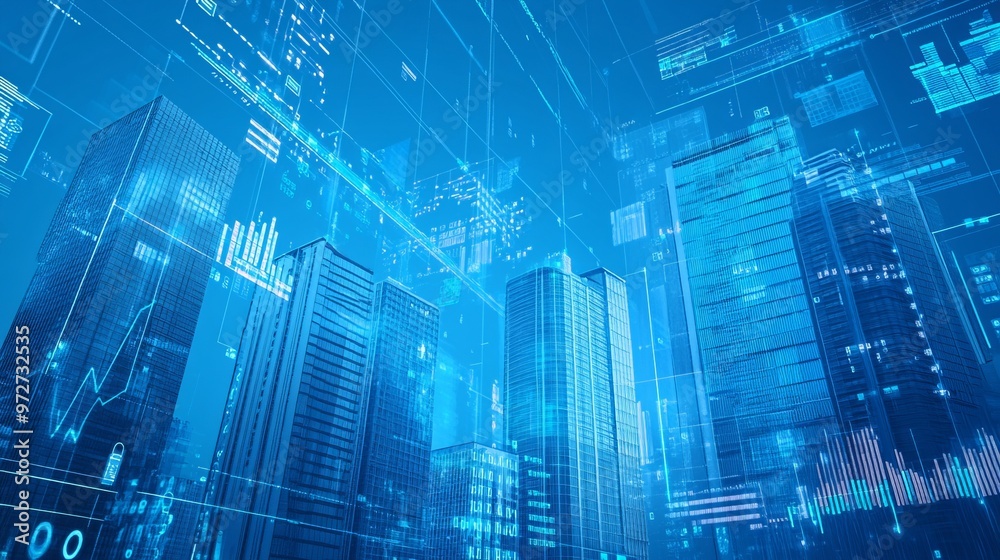 Abstract image of buildings overlaid with financial data graphs, symbolizing real estate market analysis on a blue background Abstract image of buildings overlaid with financial data graphs, symbolizing real estate market analysis on a blue background