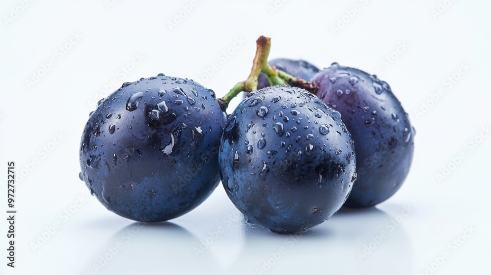 Close-Up of Fresh Blue Grapes with Water Droplets on Isolated White Background Close-Up of Fresh Blue Grapes with Water Droplets on Isolated White Background