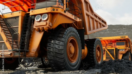 Heavy Duty Yellow Dump Trucks Going One by One, Transporting Loads Through Digging Site