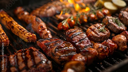 Different cuts of meat and vegetables sizzling appetizingly on a grill over glowing coals, with perfect sear marks and smoky aroma representing a gourmet barbecue feast. photo