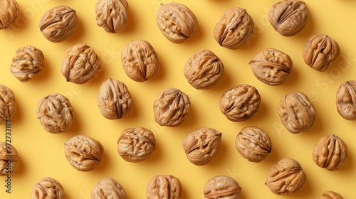 Small nuts on a yellow background. Texture for background, wallpaper, poster, banner, card. View from above.