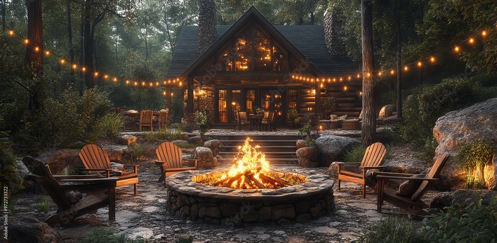 Cozy Outdoor Setting with Fire Pit and Rustic Cabin. AI generated illustration Cozy Outdoor Setting with Fire Pit and Rustic Cabin. AI generated illustration