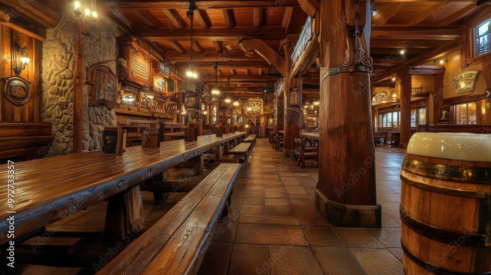 A panoramic view of a German brewery beer hall, with long wooden benches, large beer A panoramic view of a German brewery beer hall, with long wooden benches, large beer