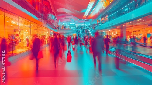 Vibrant heatmap showing human foot traffic in a busy shopping mall, with bright reds and yellows highlighting the most crowded spots. 4K hyperrealistic photo.