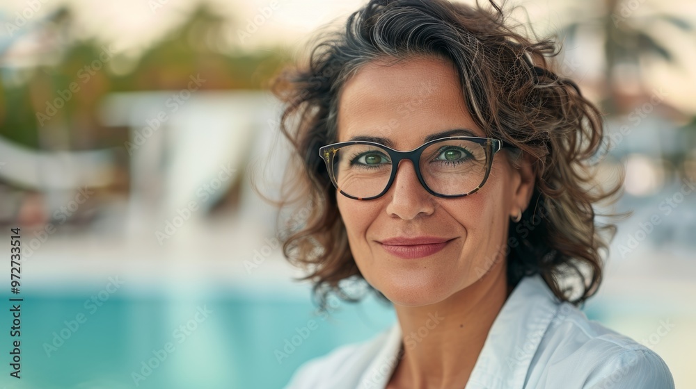 Middle-aged businesswoman enjoying a peaceful day at a resort, dressed in a relaxed shirt and stylish eyeglasses, exuding calm and contentment. Middle-aged businesswoman enjoying a peaceful day at a resort, dressed in a relaxed shirt and stylish eyeglasses, exuding calm and contentment.