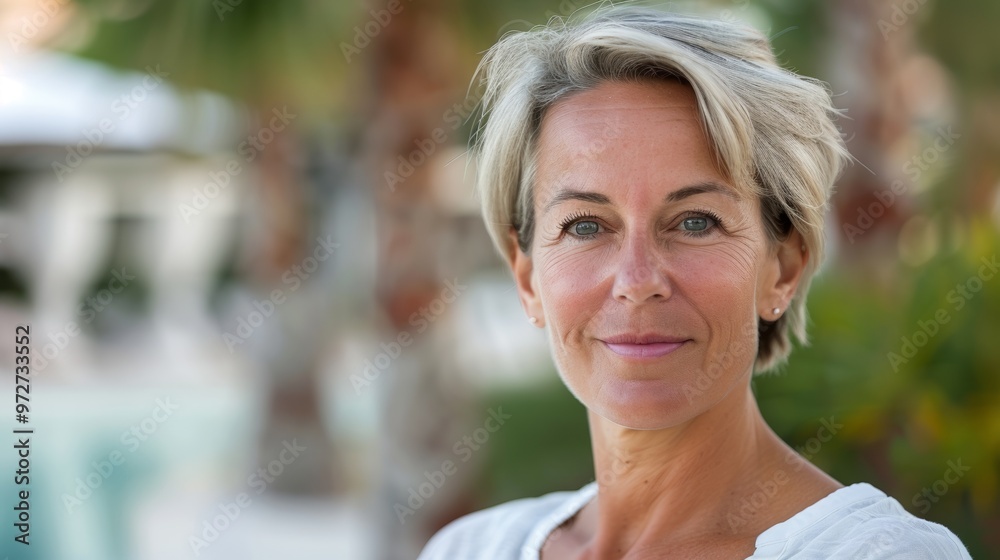 Stylish professional woman relaxing at a scenic resort, dressed casually and displaying a serene expression. Stylish professional woman relaxing at a scenic resort, dressed casually and displaying a serene expression.