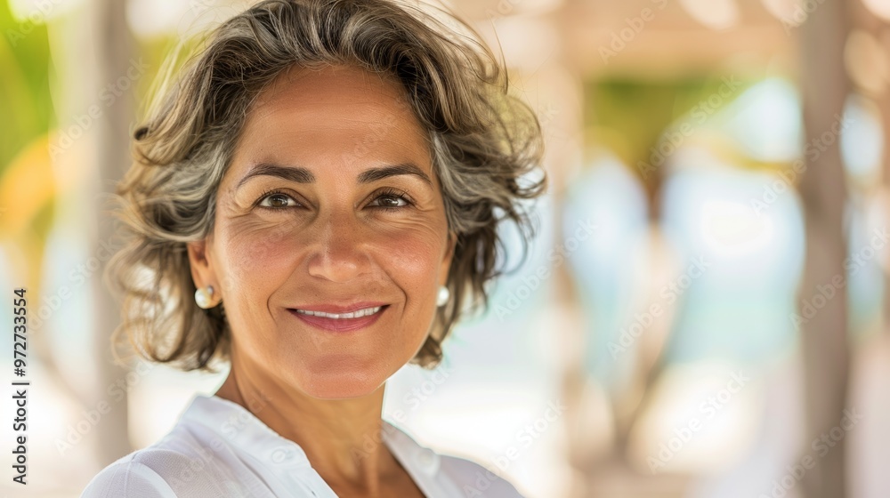Stylish professional woman relaxing at a scenic resort, dressed casually and displaying a serene expression. Stylish professional woman relaxing at a scenic resort, dressed casually and displaying a serene expression.