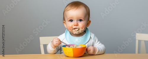 baby eating oatmeal from a colorful bowl, with a messy face and bib