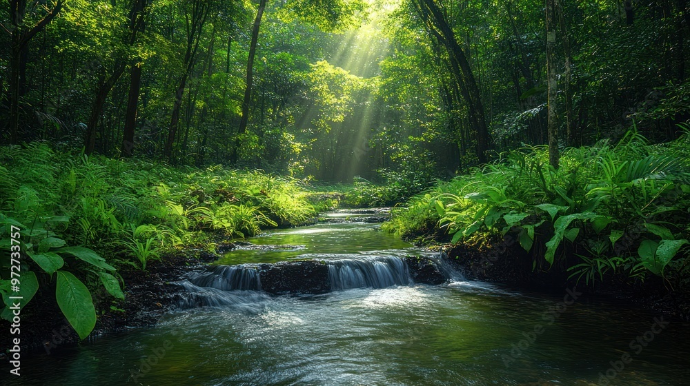 Serene forest scene with sunlight streaming over a tranquil stream. Serene forest scene with sunlight streaming over a tranquil stream.