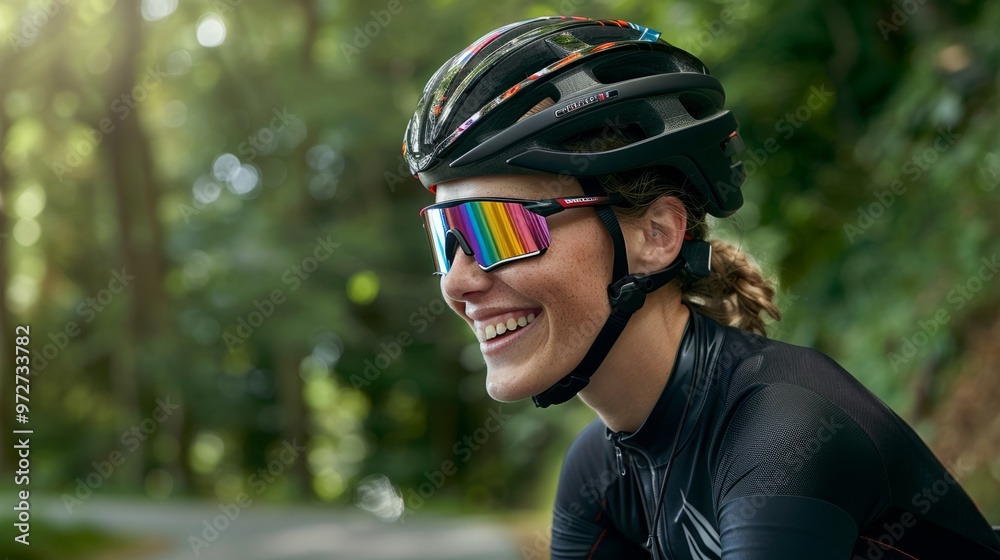 Female cyclist on a trail ride through the heart of a dense forest, surrounded by towering pines. Female cyclist on a trail ride through the heart of a dense forest, surrounded by towering pines.