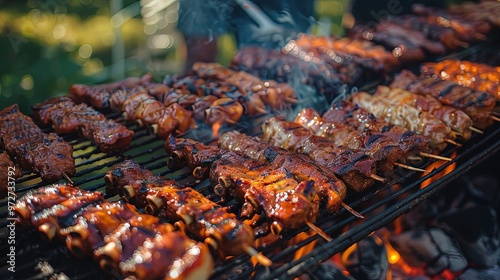 Variety of meat skewers including beef, chicken, and others sizzling on a BBQ grill, enhanced by rich sauces and a smoky aroma, perfect for gatherings and festivals.