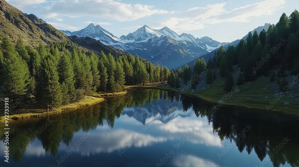 Majestic aerial view of a serene mountain lake surrounded by pine forests, with snow-capped peaks reflected in the still water. 4K hyperrealistic photo. Majestic aerial view of a serene mountain lake surrounded by pine forests, with snow-capped peaks reflected in the still water. 4K hyperrealistic photo.