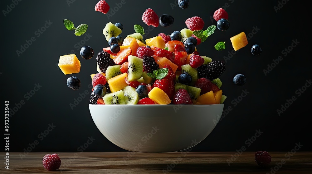 A levitating bowl of fruit salad, with individual pieces suspended in mid-air, defying gravity and creating a playful and surreal image. A levitating bowl of fruit salad, with individual pieces suspended in mid-air, defying gravity and creating a playful and surreal image.