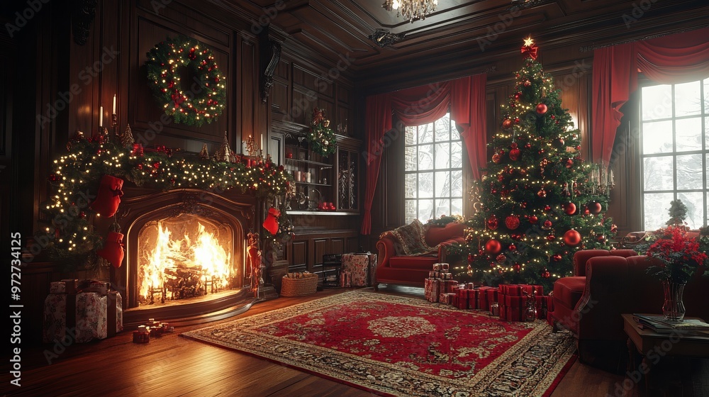 Classic Christmas living room with red and green decorations, a roaring fire, and a beautifully decorated tree. 4K hyperrealistic photo. Classic Christmas living room with red and green decorations, a roaring fire, and a beautifully decorated tree. 4K hyperrealistic photo.