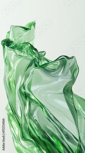 a green transparent sheet of plastic. The plastic is a bit used. The plastic is transparent whit green shades. the plastic is wet. 3D render. Contrasted. White  background.  photo