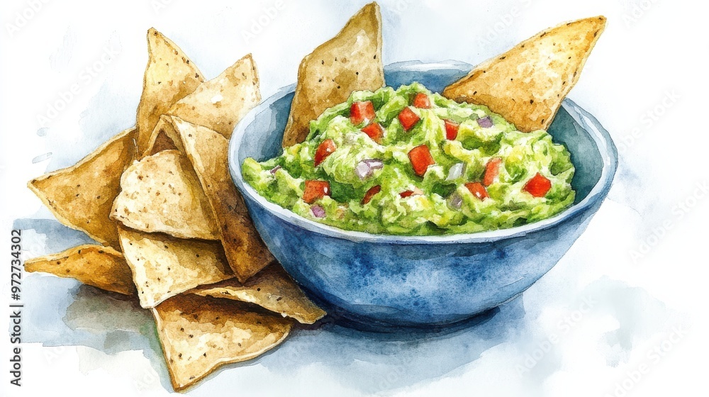 A bowl of fresh guacamole with diced vegetables served alongside crispy tortilla chips on a light background