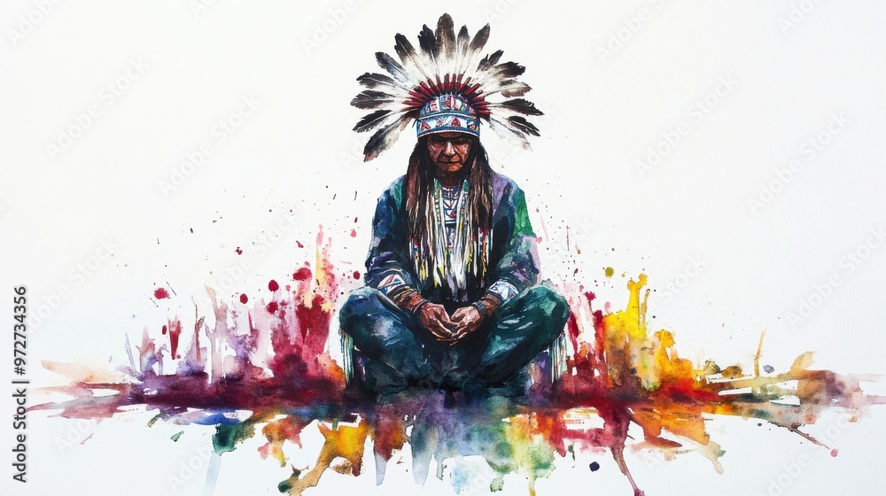 Fototapeta premium A Native American leader sits calmly in traditional attire, featuring a feathered headdress