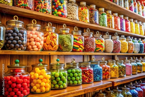 Wallpaper Mural Vibrant colorful sweets and treats overflow from wooden shelves and glass jars in a whimsical candy store display, Torontodigital.ca